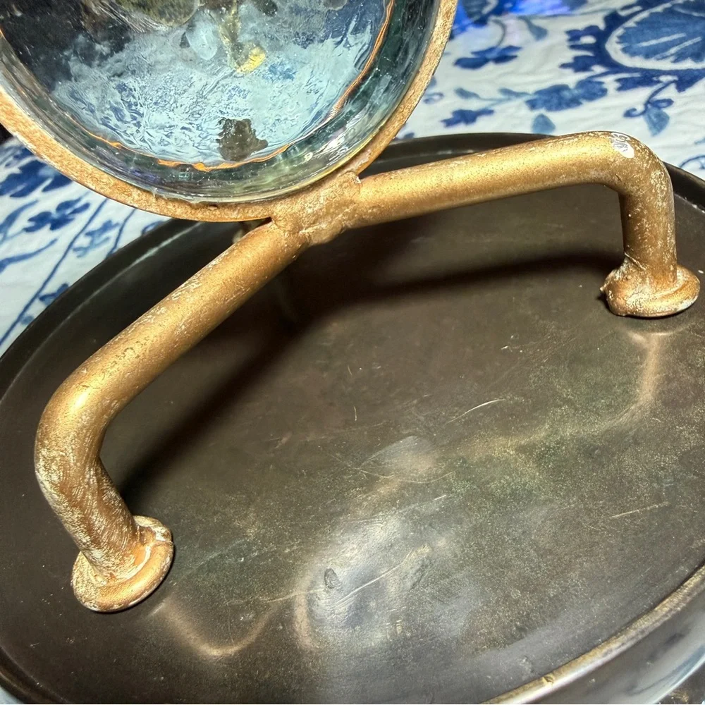 VTG  Art nouveau Brass Ornate Stand with Blue Glass & Elephant MCM Soap Dish EUC